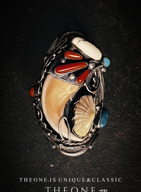 THEONE罕见孤品古董美国印第安匠人手工镶熊爪鲨鱼牙纯银戒指霸气