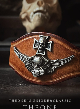 THEONE孤品古董美国纯手工制作纯银哈雷机车骑士风格牛皮腕带手环