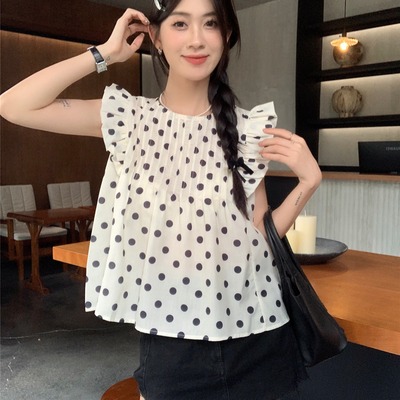 甜美荷叶边法式波点衬衫女设计感飞飞袖衬衣宽松小众上衣