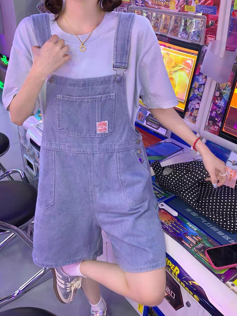 盐系小个子牛仔背带裤女夏季学院牛仔裤