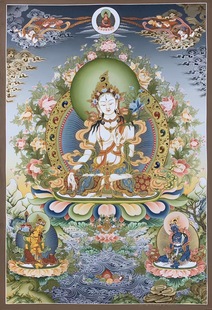 纯手绘尼泊尔大唐卡白度母菩萨财神观音藏族玄关装饰挂画镇宅镇店