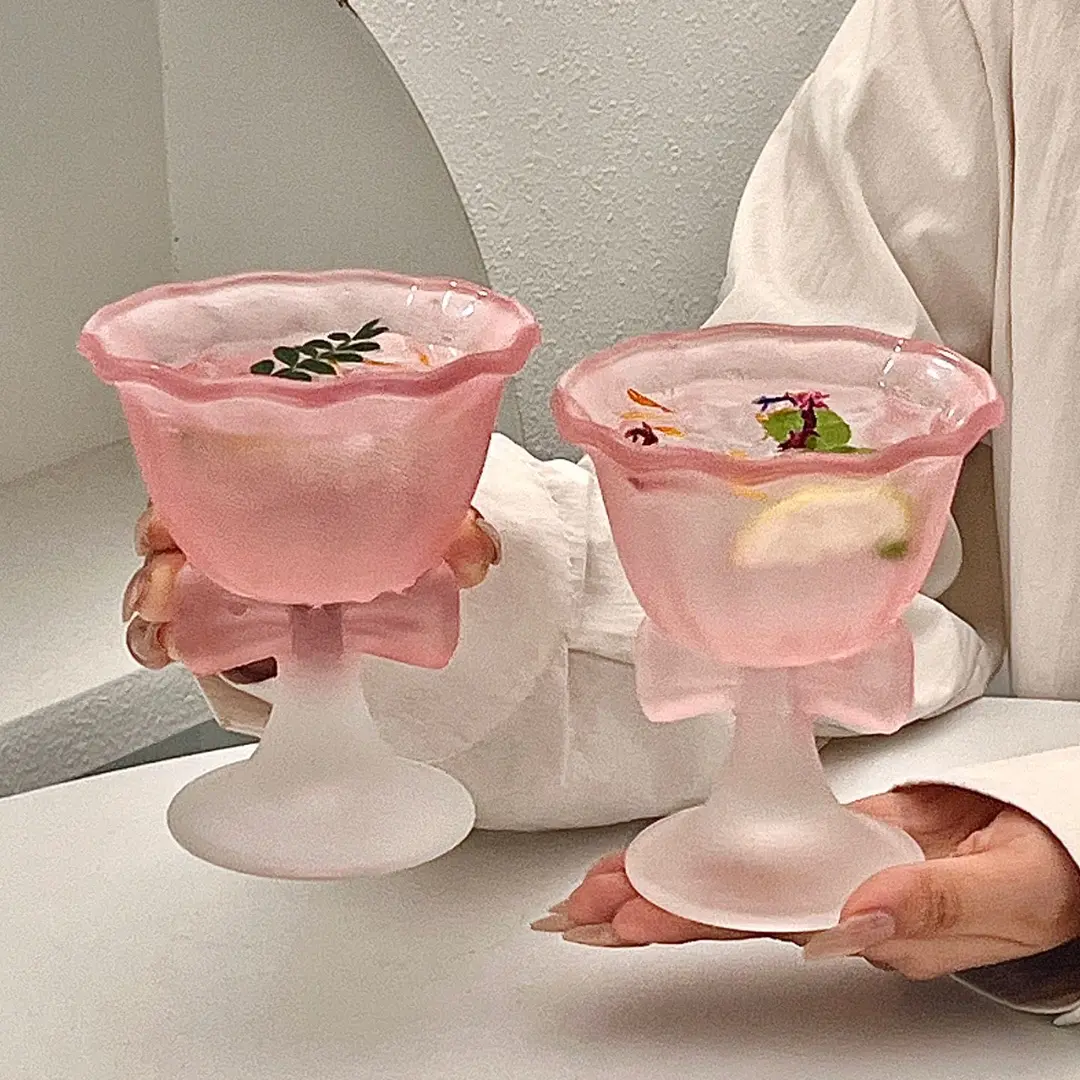 双支装花瓣蝴蝶结冰淇淋甜品沙拉高脚杯鸡尾酒杯粉色少女心HP