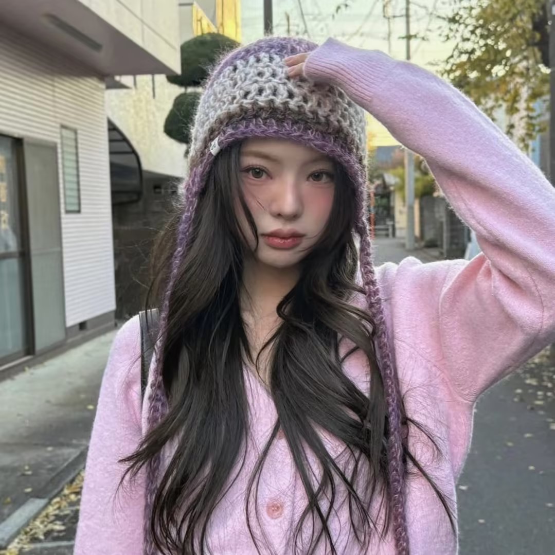 定制款！韩系绑带温柔紫色条纹针织帽子女2025春夏薄款套头冷帽
