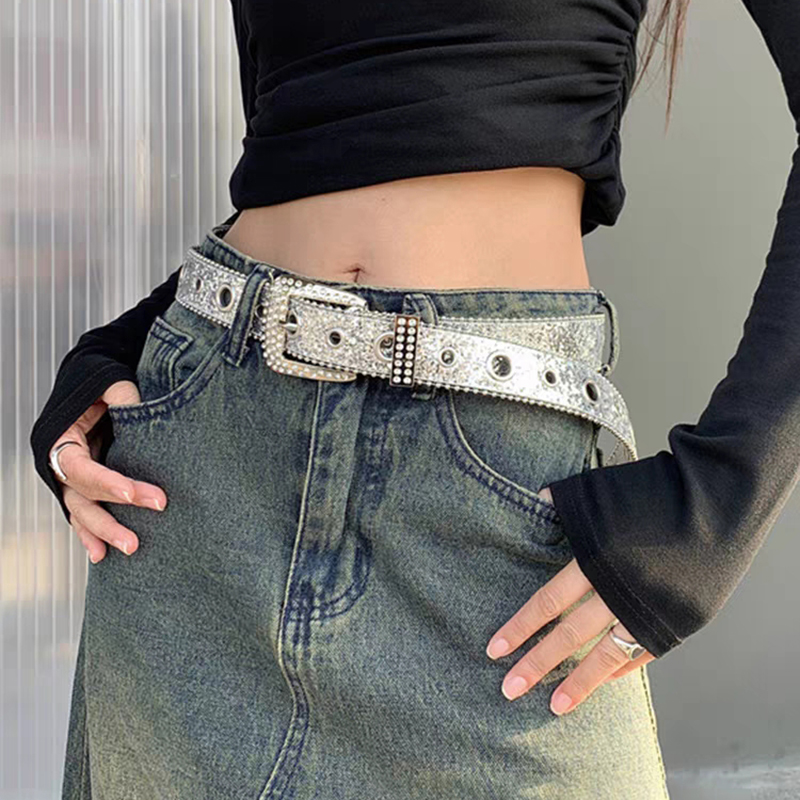 超重工！银色镶钻朋克风腰带y2k甜酷辣妹牛仔裤皮带腰封女士配饰