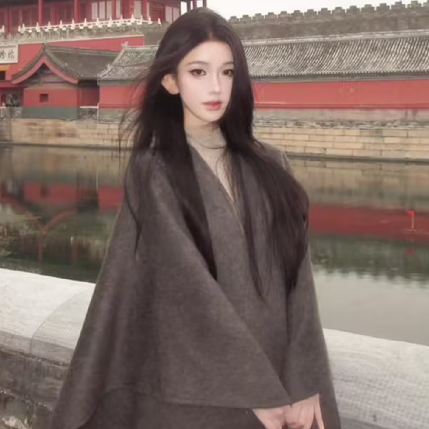 新中式国风灰色针织流苏斗篷披肩女秋冬保暖百搭围巾外搭上衣