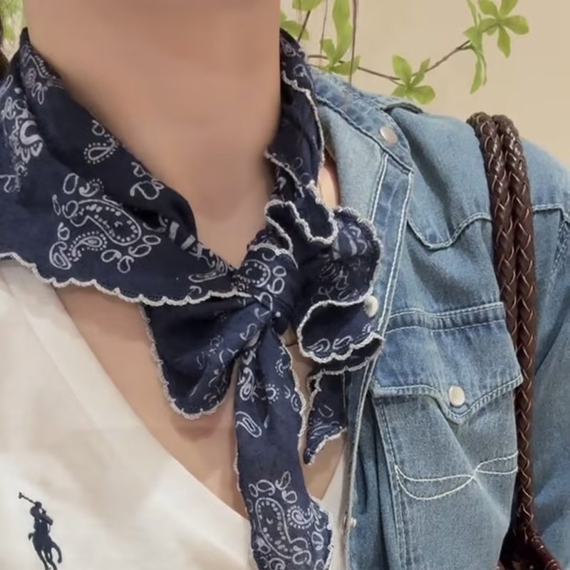 春夏百搭三角棉麻丝巾复古腰果花装饰小方巾领巾发带印花小围巾