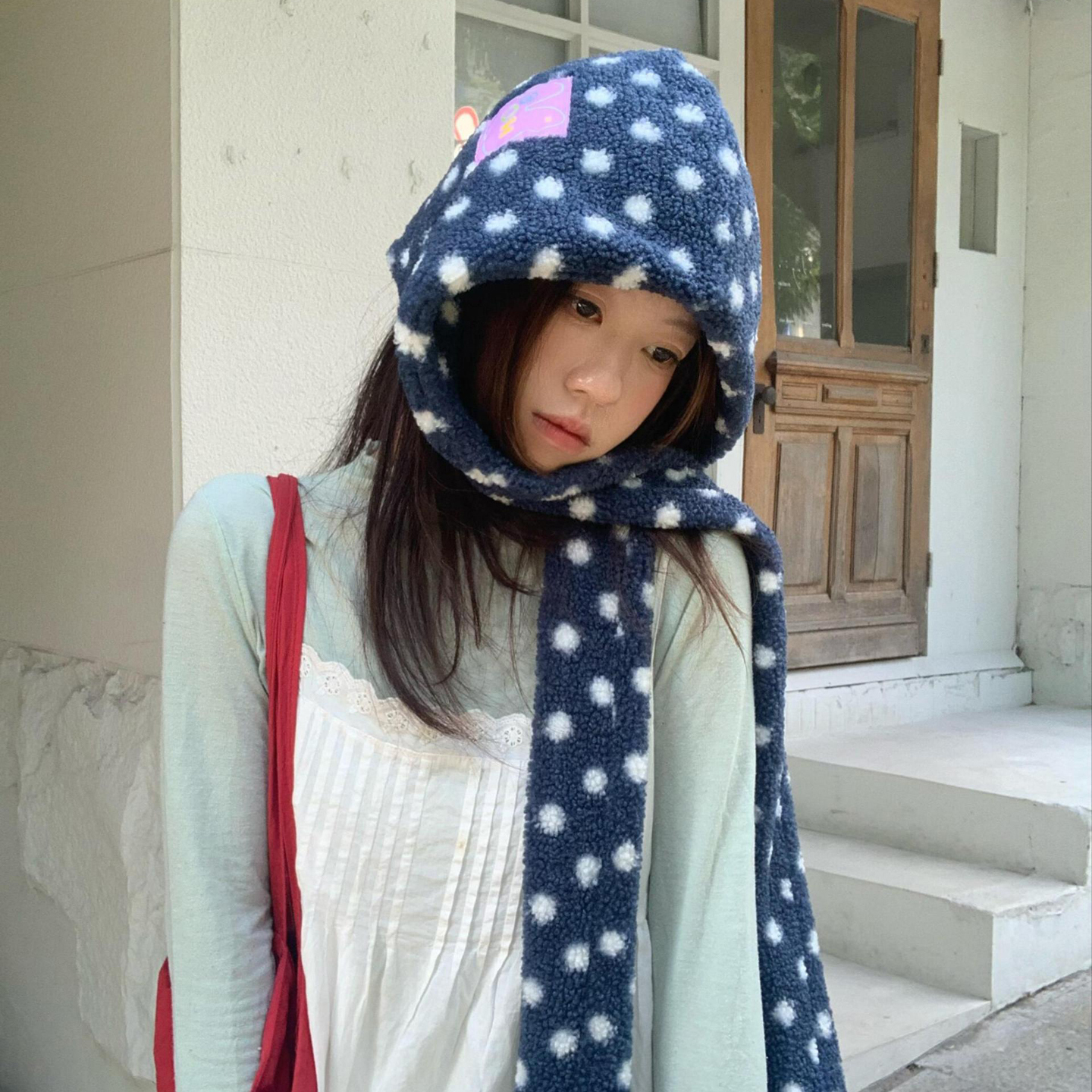 韩系波点摇粒绒米菲兔拉法帽子女秋冬加厚保暖帽子围巾一体护耳帽