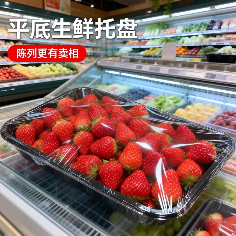 透明平底 PET 托盘 接触食品材质，适配生鲜果蔬、肉类、熟食包装