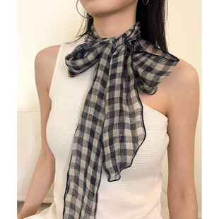 复古气质黑白格子丝巾女2026新款薄款透气亚麻领巾百搭颈带小围巾