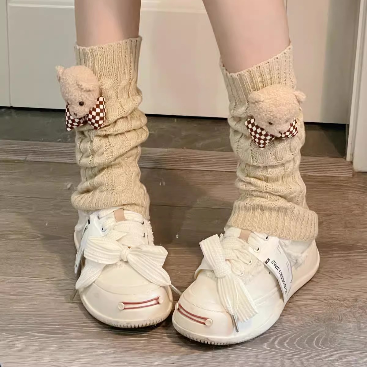 原创小熊格纹蝴蝶结堆堆袜y2k少女棕色亚文化jk辣妹小众腿套秋冬