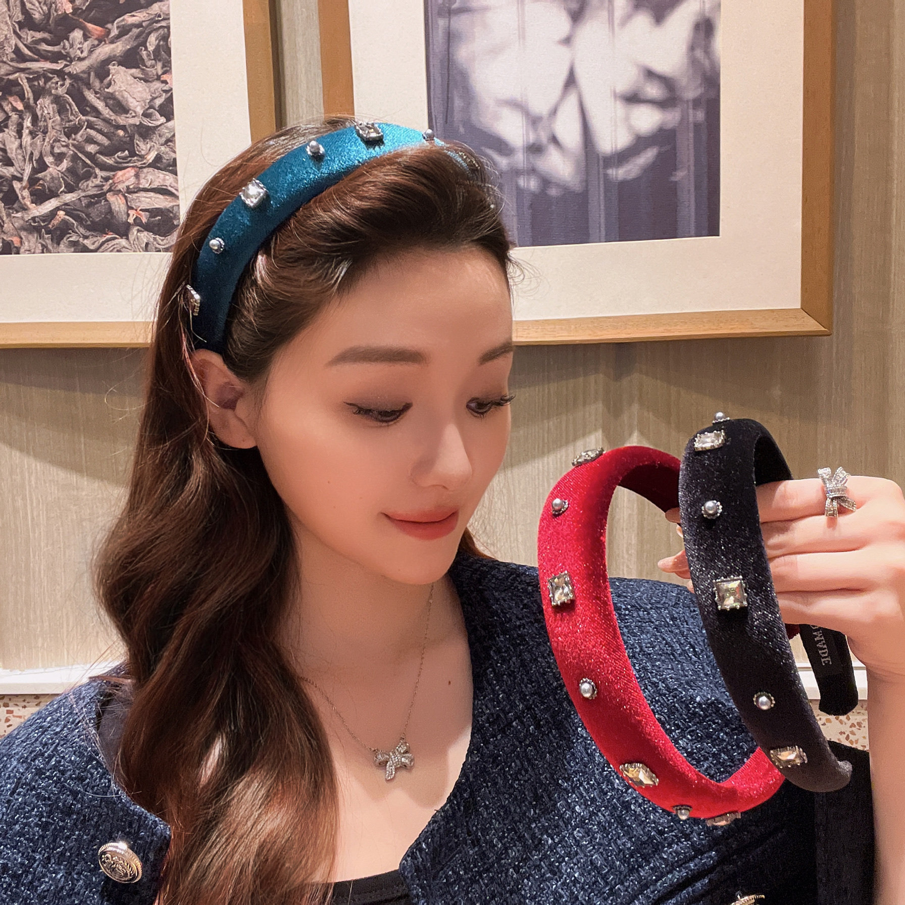 高级感发箍女2024新款宽韩国高颅顶丝绒水滴锆石海绵头箍发卡头饰