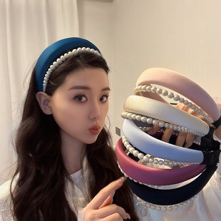春季新款珍珠叠戴发箍孔雀蓝法式百搭高级感发卡显白气质头饰