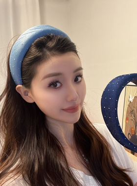 韩版新款牛仔蓝水钻发箍女宽版时髦高颅顶头箍网红外出百搭发卡