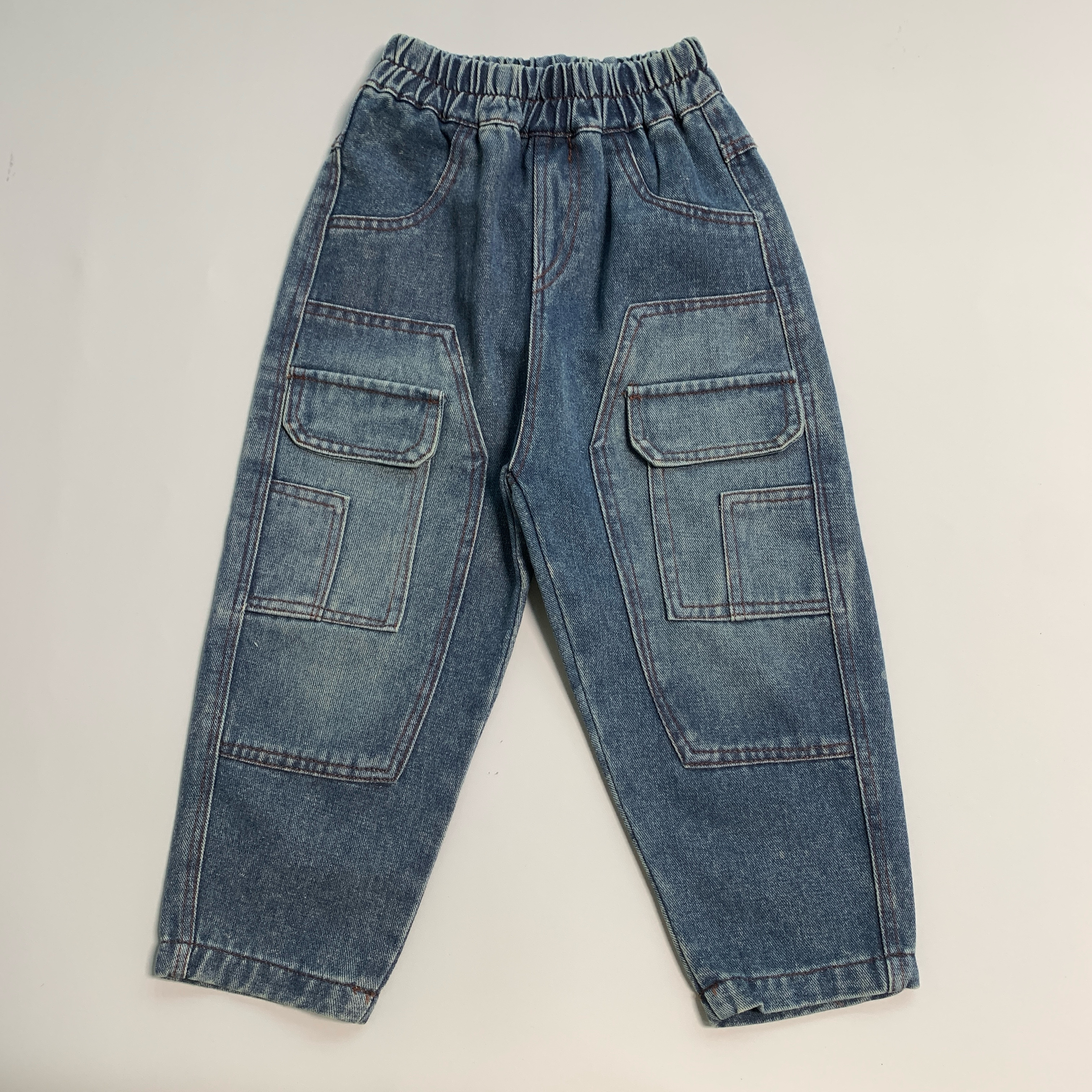 儿童棉质牛仔裤春秋男休闲裤百搭宽松直筒裤前工装口袋牛仔裤长裤