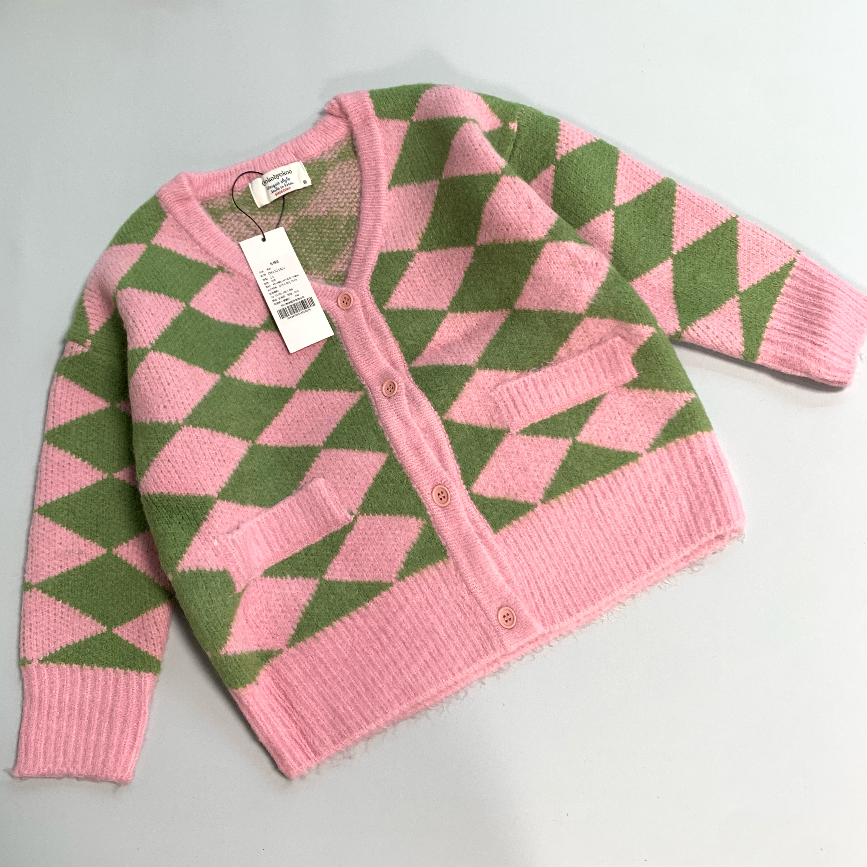 OK专柜正品儿童秋冬菱格子针织开衫女童精美毛线毛衣120-160