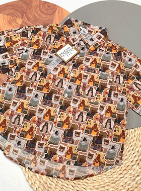 07191零一儿童薄款夏装动物满印熊无感水印男童纯棉短袖花衬衫