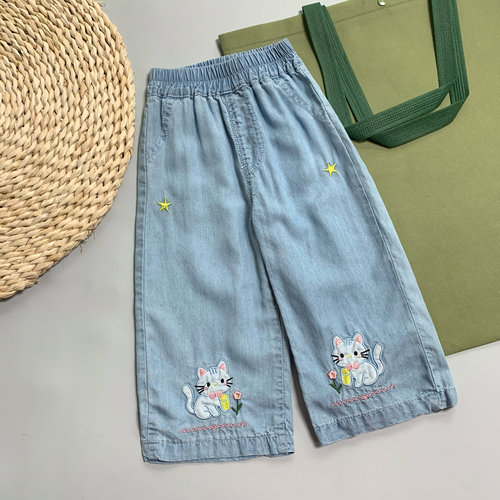 26623女童夏季超软直筒刺绣可爱猫咪牛仔裤九分裤儿童长裤