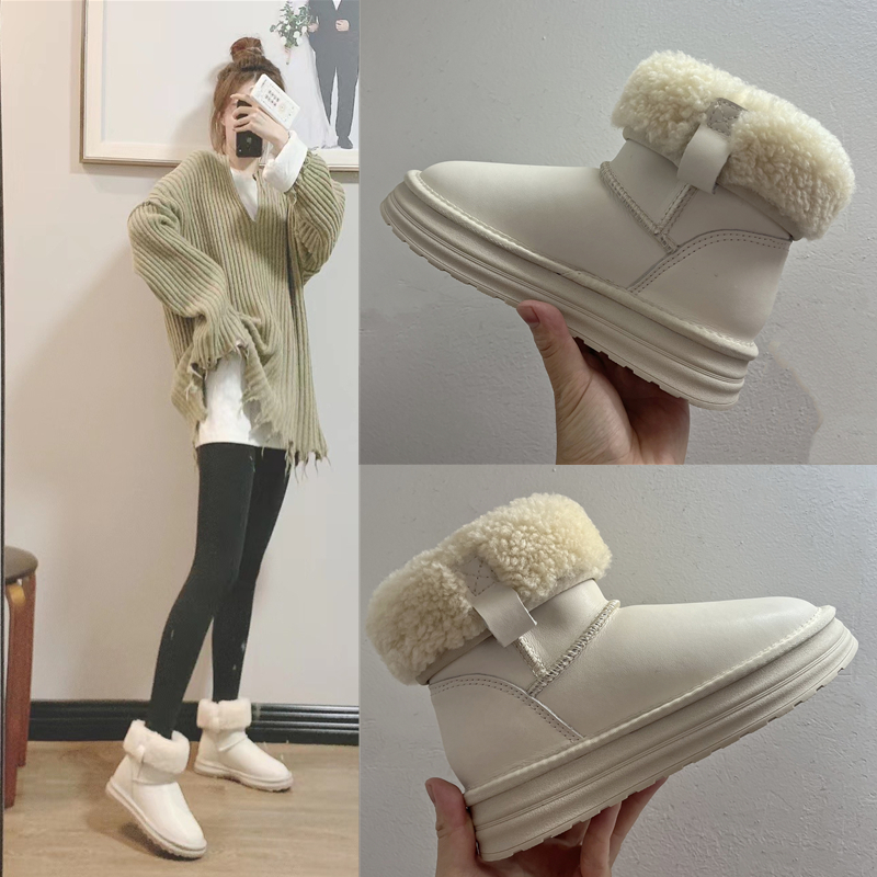 防水防滑真皮两穿白色加厚雪地靴