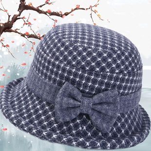 秋冬季帽子户外老妈帽蝴蝶结盆帽气质减龄百搭复古格纹渔夫帽休闲