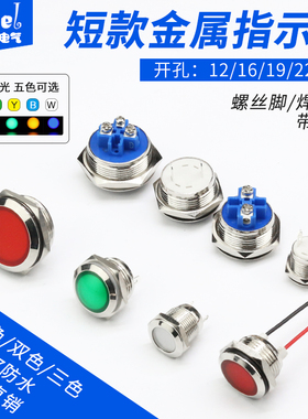 金属指示灯短款12/16/19/22防水6V12V24V配电箱信号灯