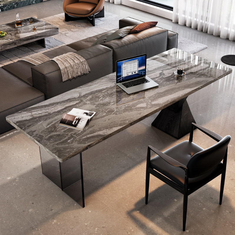 意式极简高级天然大理石书桌椅客厅书房长条桌现代简约办公电脑桌