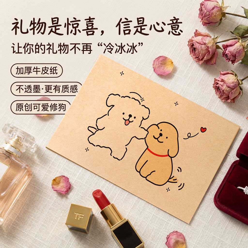 可爱小狗牛皮纸加厚高级感精致浪漫表白情书送男女朋友贺卡手写信仪式感生日祝福语送礼ins风信笺空白定制E1