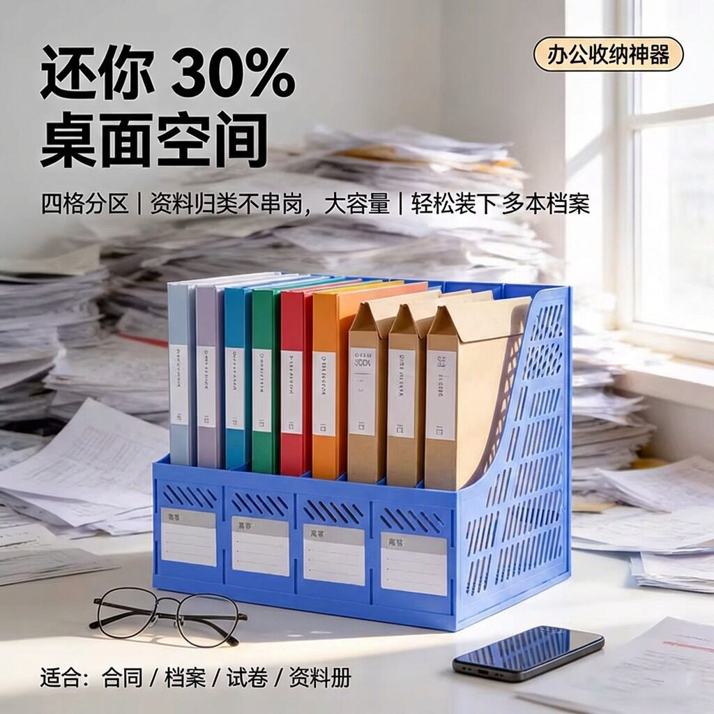 资料整理文件架桌面文件夹收纳盒文件格文件框档案文件栏筐四栏联办公用品书架文具书立放的架子置物架立式J1