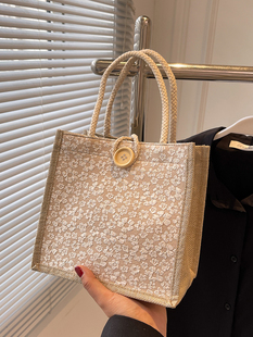 亚麻手提便当袋女2025新款 休闲外出妈咪包日系麻布学生手拎饭盒包