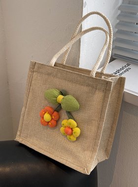 今年流行爆款亚麻饭盒包包2025新款时尚外出手提袋子ins小挎包女