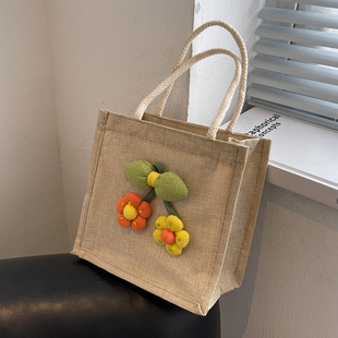 外出手提袋子ins小挎包女 时尚 今年流行爆款 亚麻饭盒包包2025新款