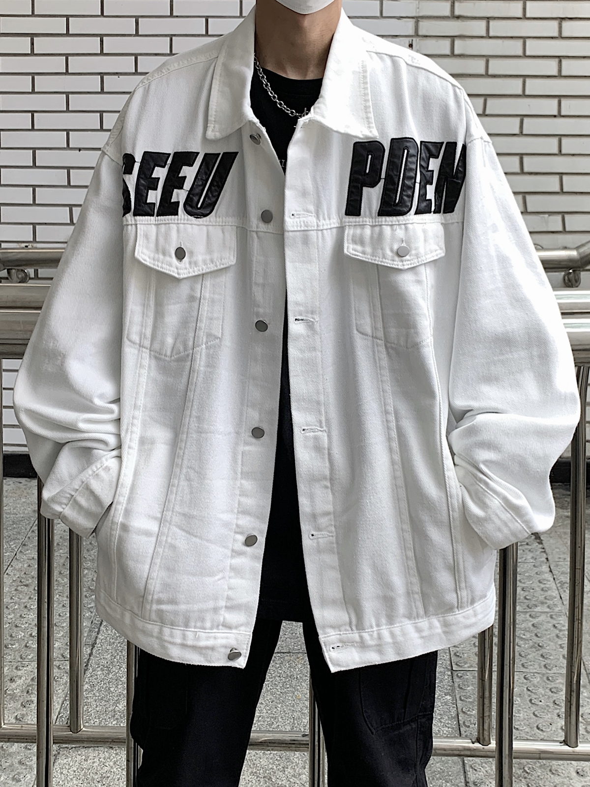 秋牛仔衣夹克男士美式高街潮牌工装复古贴皮潮流黑色外套JJ01P70，男装夹克，电商D256-1(原A064-1)