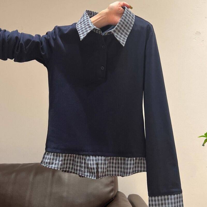 韩系学院风格子拼接假两件长袖t恤女春秋修身显瘦减龄polo领上衣