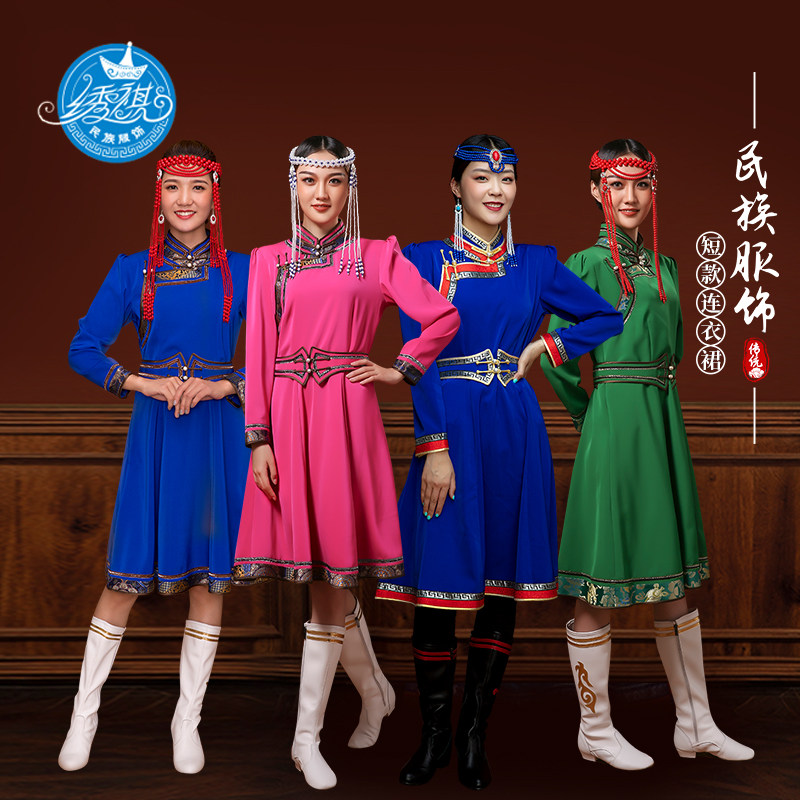 新款蒙古元素女士中长款连衣裙手工民族风薄款改良蒙古服日常装