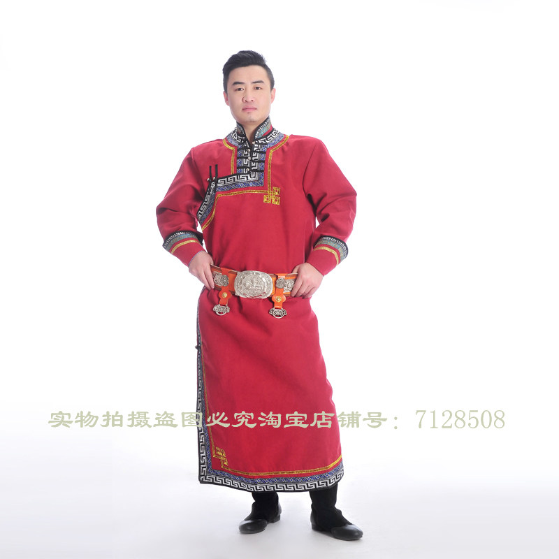 男士蒙古袍 蒙古族仿鹿皮绒男舞台演出服 少数民族生活服装加腰带