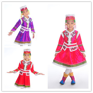 2017新款蒙古族女童裙蒙古舞蹈演出服儿童冬季女孩蒙古袍生活装