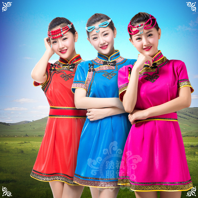 新款蒙古族女士蒙古袍日常生活装蒙古舞舞台演出服短款服务员服装