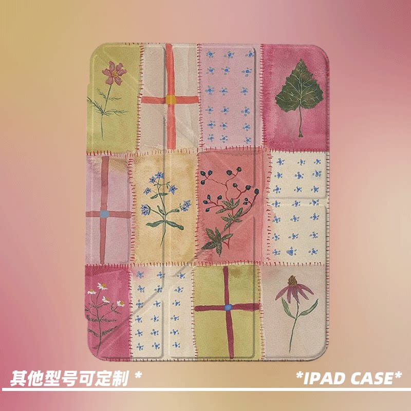 原创复古拼布花草第11代2026款air8ipadpro11寸三折ipad壳防弯y折亚克力a16平板壳9代10.2寸air7带笔槽