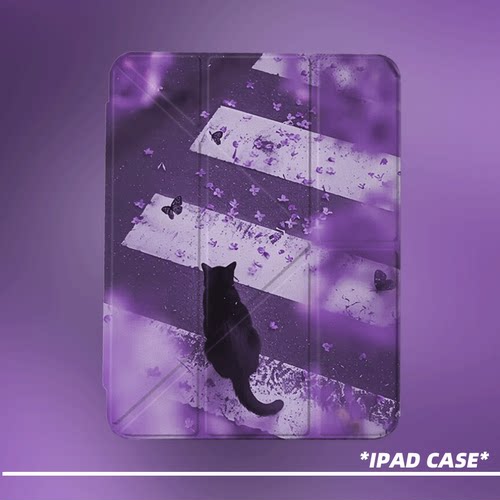 原创氛围感紫途黑猫第11代2026款air8ipadpro11寸三折ipad壳防弯y折亚克力a16平板壳9代10.2寸air7带笔槽