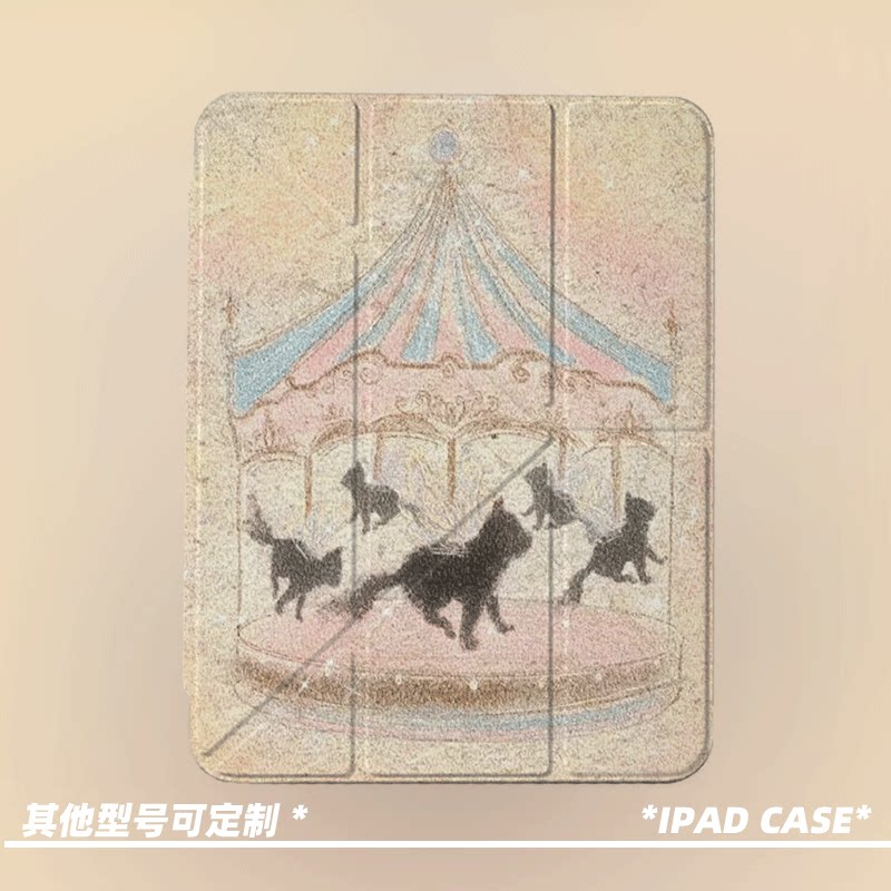 原创小众模糊油画旋转木马适用11代2025款air7ipadpro11寸三折ipad壳防弯y折亚克力9代10.2寸/mini7带笔槽