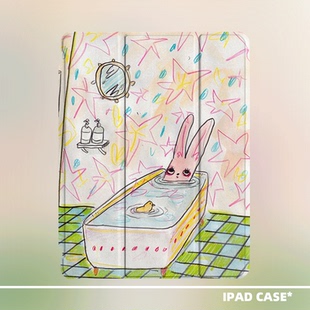 原创小众复古艺术手绘小兔适用2026款 5mini6带笔槽 air8ipadpro11十代三折ipad壳防弯亚克力平板壳10.2寸air4