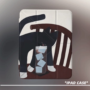 原创简约贪杯黑猫第11代2026款air8ipadpro11寸三折ipad壳防弯y折亚克力a16平板壳9代10.2寸air7带笔槽