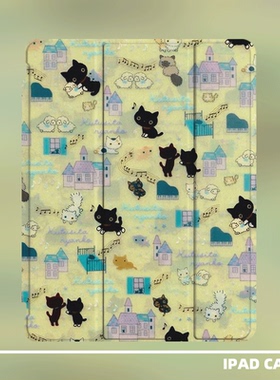 原创小众艺术猫咪乐园适用11代2026款air8ipadpro11寸三折ipad壳防弯亚克力平板壳9代10.2寸air5mini7带笔槽