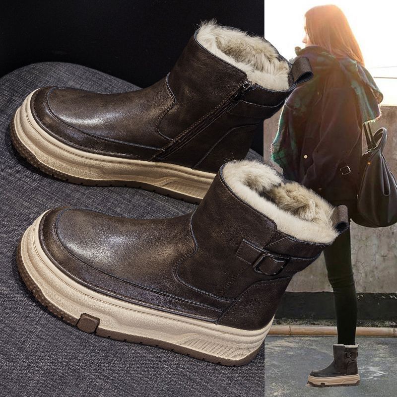 皮毛一体雪地靴女2025冬新款厚底加绒加厚保暖真皮马丁靴防水短靴