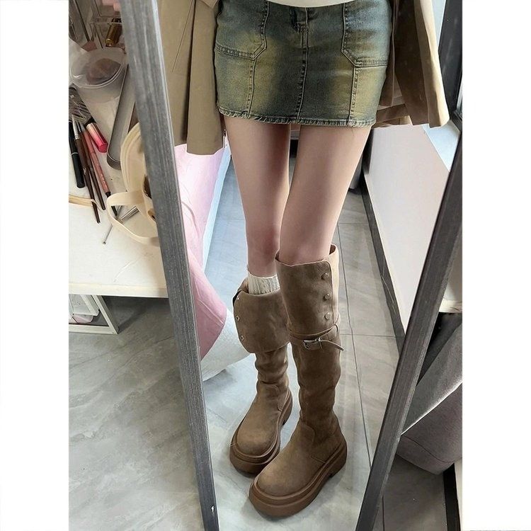 翻折绒面过膝长筒靴女秋冬2025新款厚底小个子长靴女士美拉德靴子