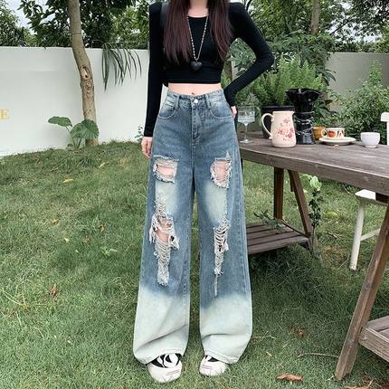 美式高街破洞阔腿牛仔裤女2025夏季新款复古水洗高腰直筒拖地长裤