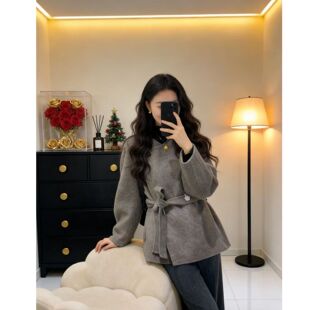 灰色收腰小个子毛呢外套女秋冬新款韩系超好看系带短款呢子大衣潮