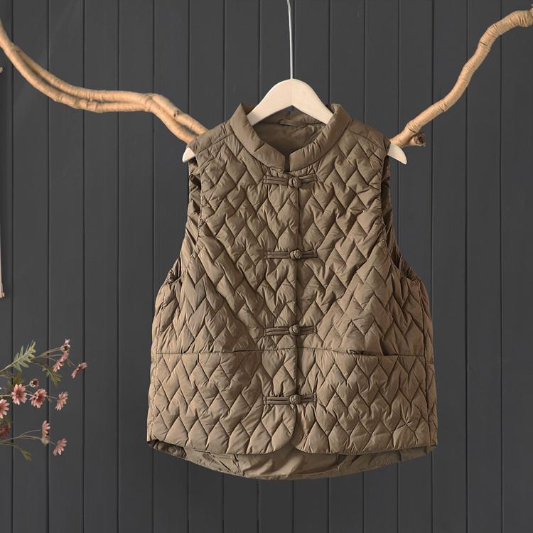 文艺国风盘扣无袖羽绒服白鸭绒背心菱格压线显瘦轻薄款羽绒马甲女