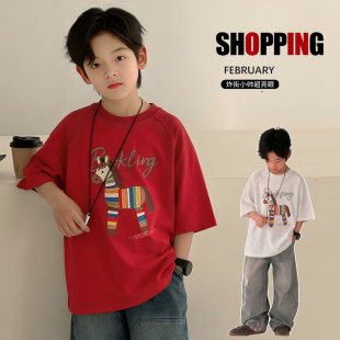 男童夏季小马印花纯棉T恤2026新款大童时髦潮酷短袖男孩休闲半袖