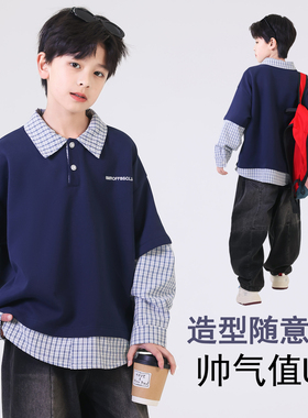 男童春秋卫衣2026新款男孩假两件POLO衫酷帅时髦打底衫中大童穿搭
