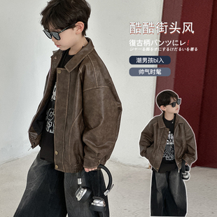 男童秋装 儿童春秋复古港风翻领上衣男孩皮夹克潮 皮衣外套2026新款